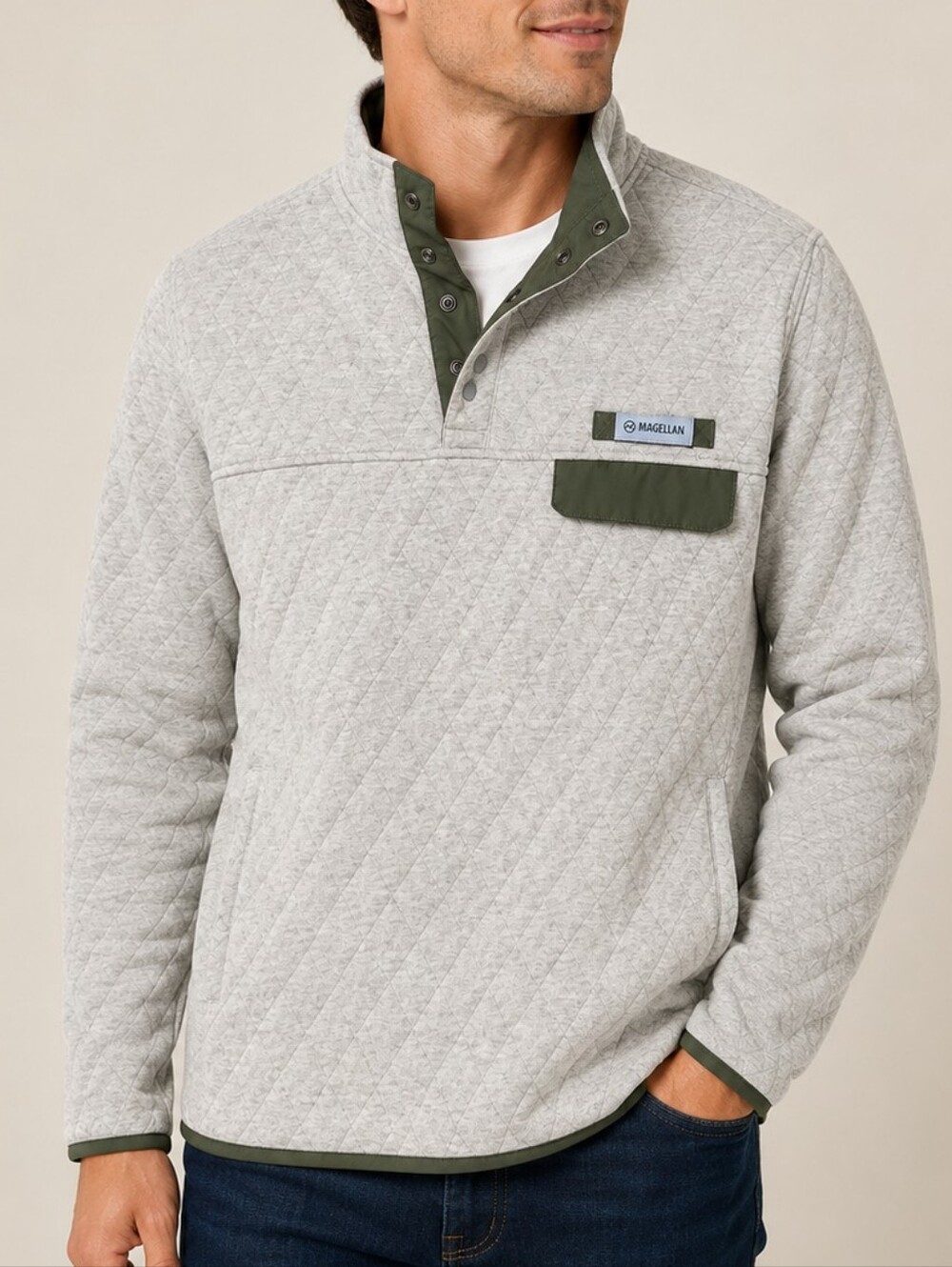 Magellan Outdoors Campfire Quilted Quarter Snap Pullover Tan Grey Men Size Small